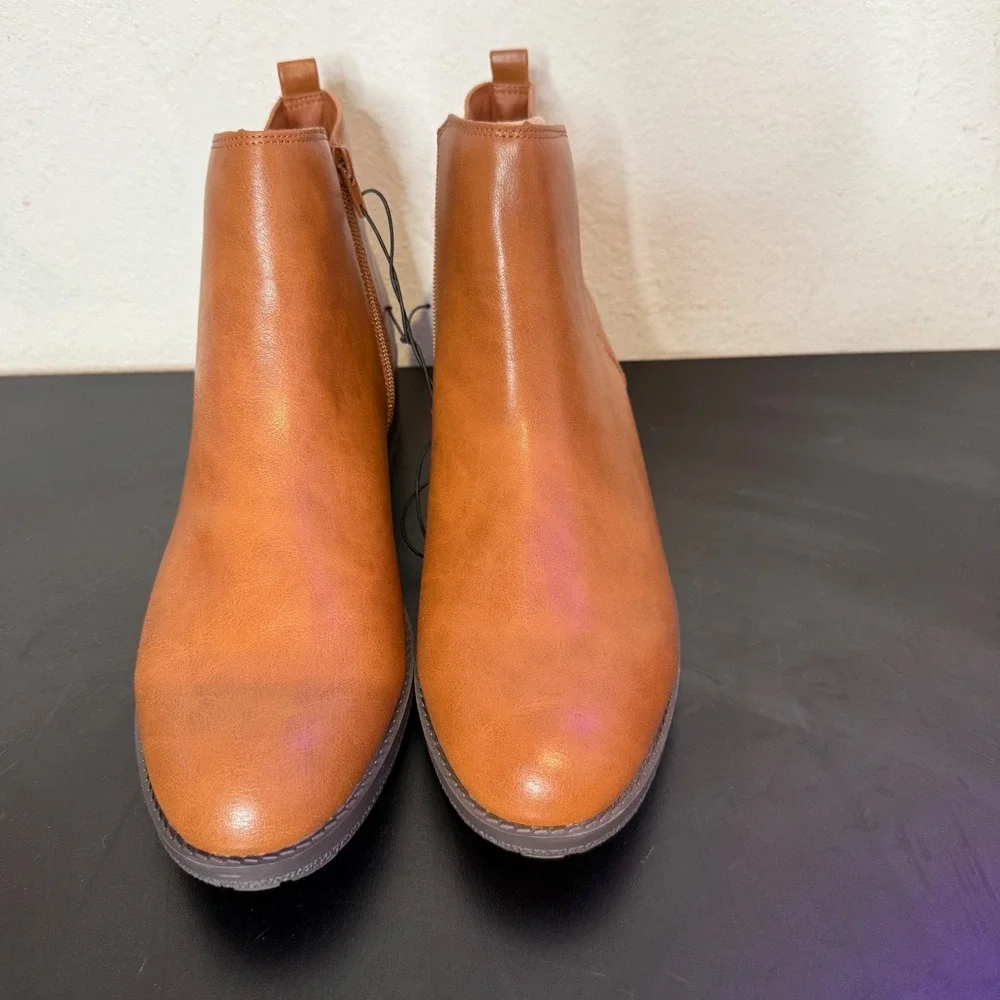 Cognac Brown Ankle Boots Womens 12 Lug Sole Faux Leather Low Block Heel‎  Zip